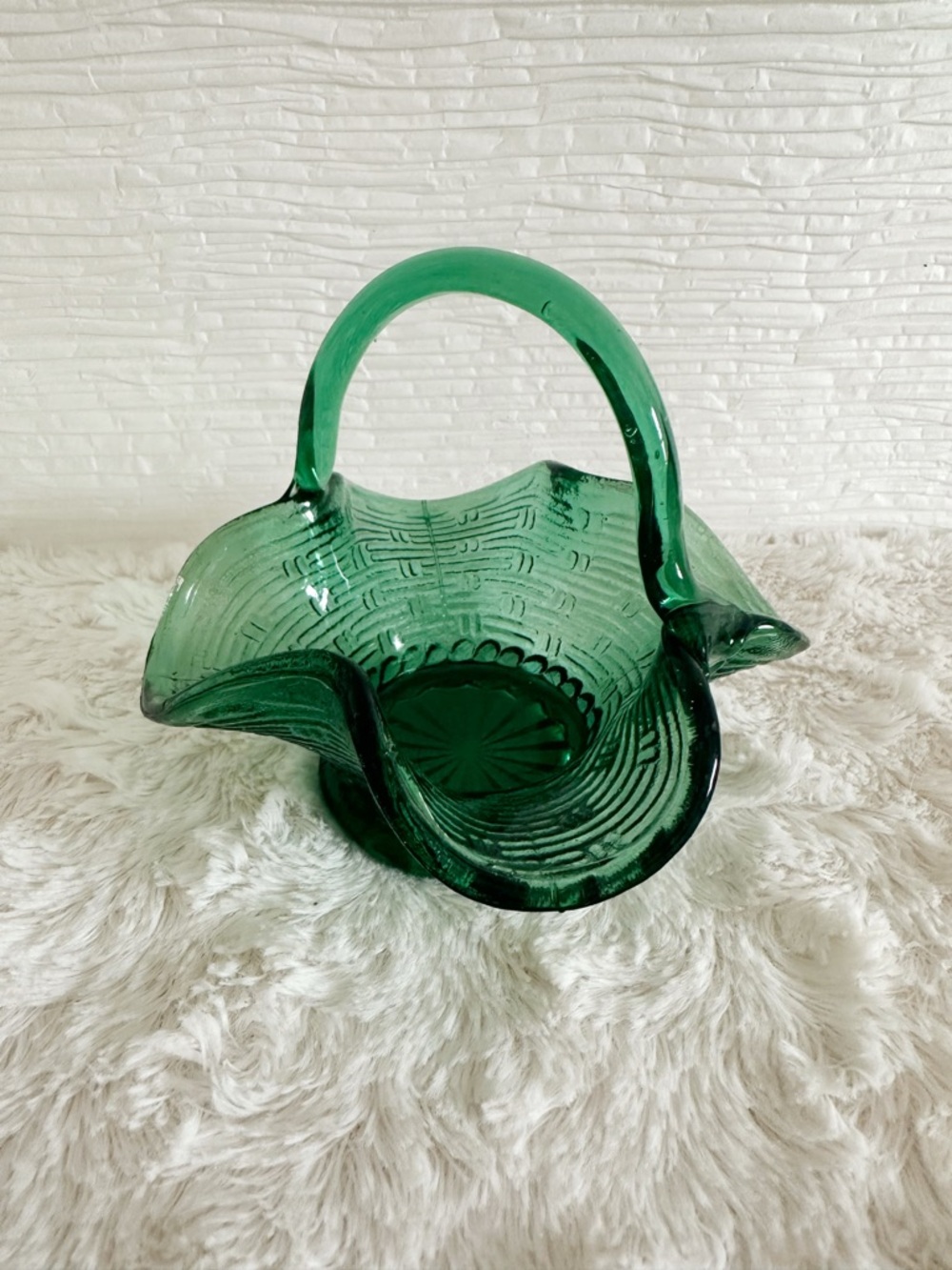 Vintage Mini Green Glass Weaved Design Basket